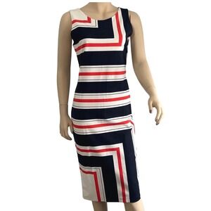 HM Womens Large‎ Ivory Navy Coral Striped Sheath Tank Midi Dress B6